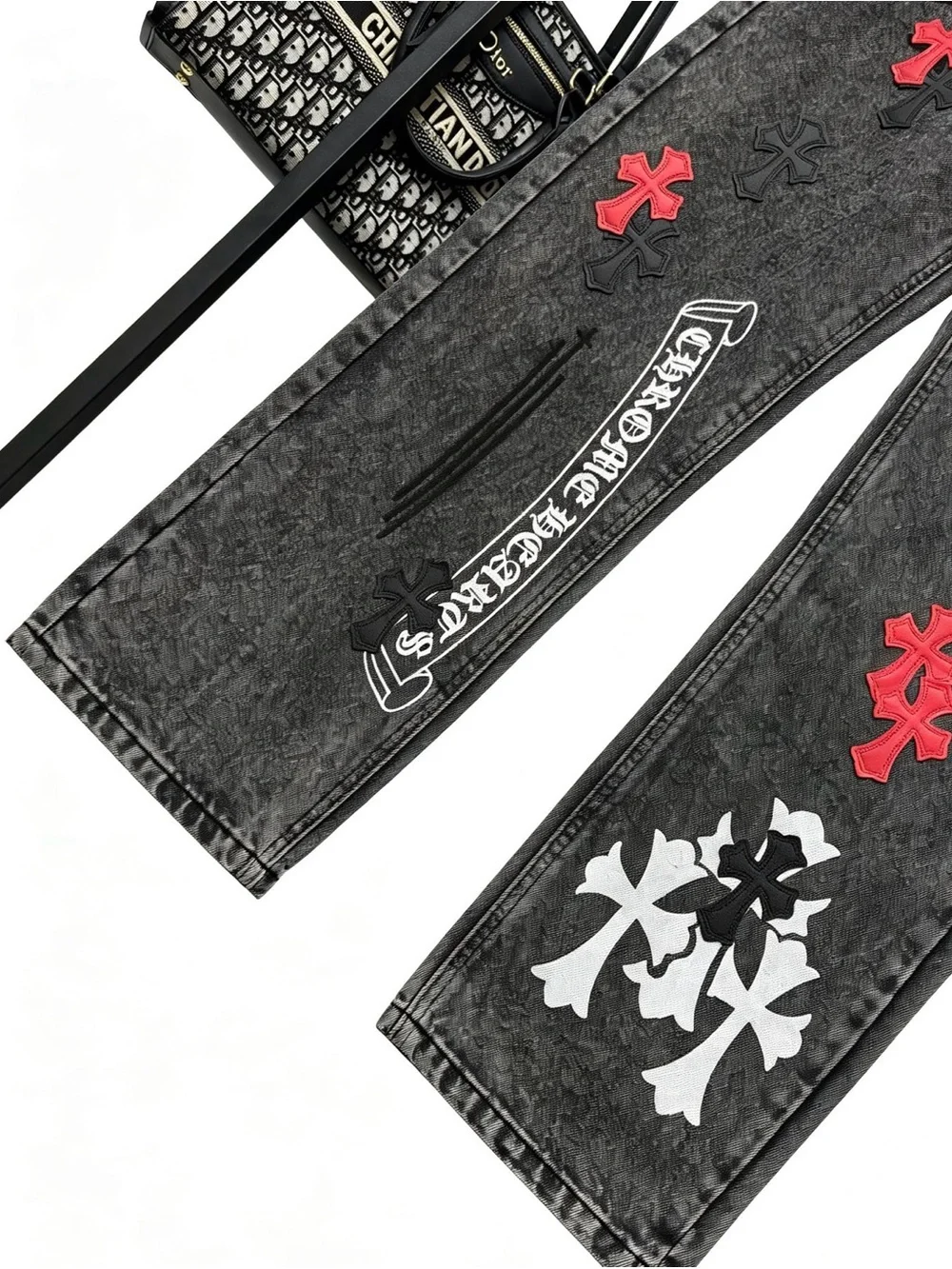 Chrome Hearts Black Acid-Wash Jeans with Red & White Crosses